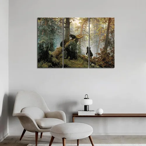 Vista 5 de Osos juegan en el bosque, árbol caído, pintura artística para pared, impreso en lienzo, imágenes de animales para decorar el hogar, regalo