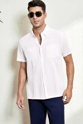 Vista 4 de JMIERR - Camisa de vestir informal de manga corta con botones y rayas para hombre, camisa de algodón