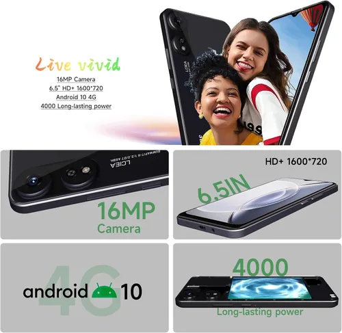 Vista 3 de X1 sin accesorios 2024 Pantalla HD+ de 6.5 pulgadas 4G LTE GSM Teléfonos Android desbloqueados 16GB Teléfono celular 2GB RAM Android Teléfono Negro