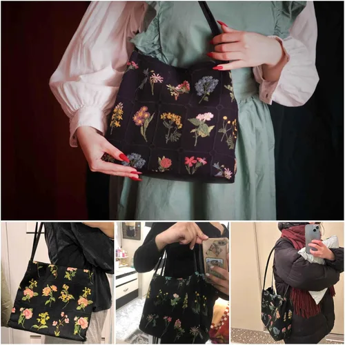 Vista 2 de Lefe Liee Bolso de mano pequeño floral para mujer, bolso de hombro de lona estético reutilizable, bolso cruzado tipo hobo, bolso de cubo casual
