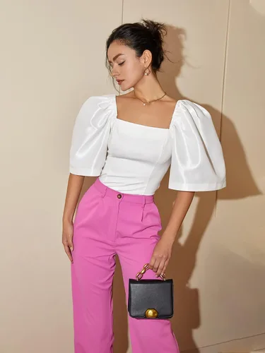 Vista 4 de Floerns Blusa corta elegante de manga corta abombada con cuello cuadrado para mujer