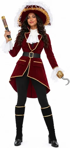 Vista 2 de Adult Captain Hook Costume Womens, Neverland Fancy Maroon Pirate Halloween Outfit