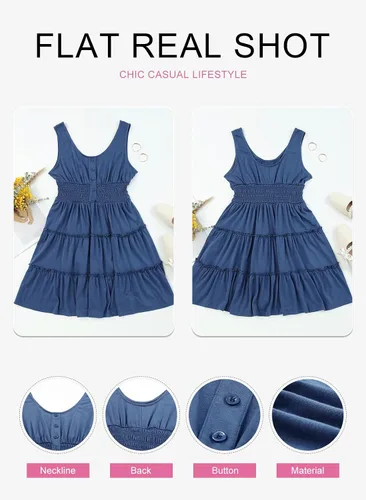Vista 5 de Dokotoo Vestidos de verano para mujer, sin mangas, con botones, cintura elástica, volantes, escalonados, casual, con vuelo, mini vestido