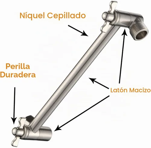 Vista 2 de Brazo de extensión de ducha de 8 pulgadas con cabezal de níquel cepillado. Extensión de brazo de ducha ajustable de latón macizo. Baje o eleve