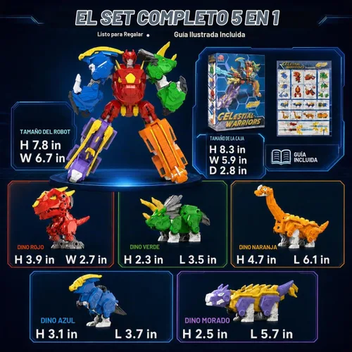 Vista 3 de Juego de juguetes de dinosaurio robot 5 en 1: gran kit de robot transformable para desmontar con 5 figuras de acción de dinosaurio - juguetes