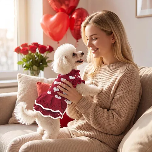 Vista 4 de Suéteres para Perros Pequeños para Niñas Rojos de Invierno, Ropa Cálida para Perros, Vestido de Navidad para Perros, Traje de Día, Ropa