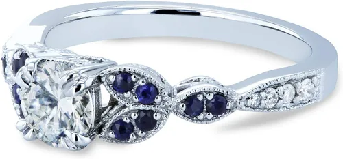 Vista 5 de Kobelli Anillo de compromiso frondoso de moissanita redonda con detalles de zafiro azul 5/8 CTW Oro blanco de 14 k (GH/VS, GH/I)