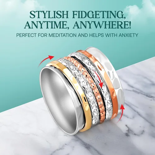 Vista 3 de Boho-Magic Anillo giratorio de plata de ley 925 para mujer con bandas de cobre y latón, anillo de plata hecho a mano para uso diario, comodidad
