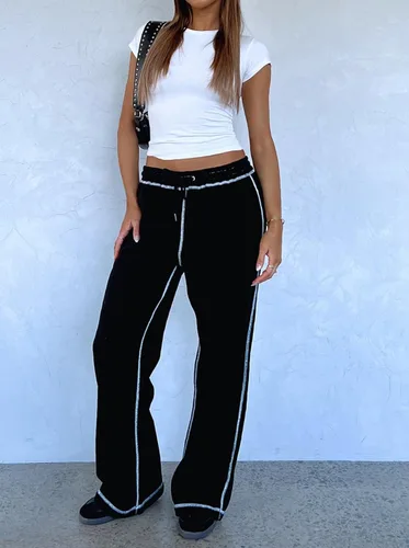 Vista 2 de KMBANGI Pantalones deportivos holgados con cintura elástica para mujer, con costuras en contraste, pierna ancha, pantalones deportivos Y2K