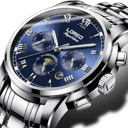 Vista 2 de LOREO - Reloj automático para hombre multifunción de acero inoxidable, cristal de zafiro, resistente al agua, color azul