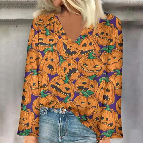 Vista 2 de Camisetas para mujer 2023 a la moda, divertidas camisetas gráficas de Halloween, casuales, holgadas, cuello en V, manga larga, camisetas sueltas