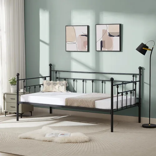 Vista 6 de VECELO - Marco de sofá cama de tamaño individual con soporte de listones de acero, cabecero, plataforma de cama para sala de estar, habitación