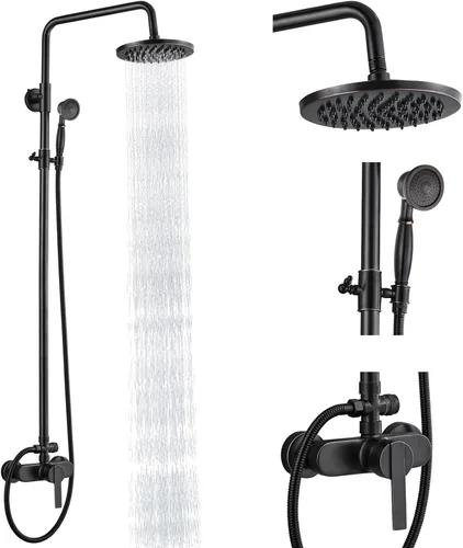 Vista 14 de Heyalan Sistema de ducha de tubo expuesto de latón antiguo de 8 pulgadas, juego combinado de cabezal de ducha de lluvia de 8 pulgadas, mango único