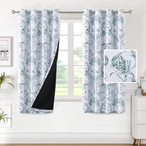 Vista 45 de H.VERSAILTEX - Cortinas 100% blackout con estampado floral de cattleyas, 45 pulgadas de largo, juego de 2 paneles térmicos con forro negro, a prueba