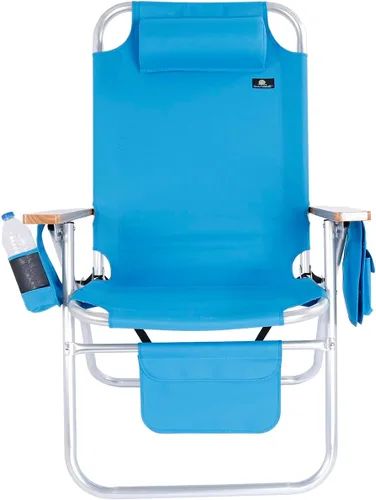 Vista 4 de Silla de playa de lujo XL ancha y alta de aluminio, plegable, de alta resistencia, de 17 pulgadas, para adultos, carga de 300 libras Azul Claro