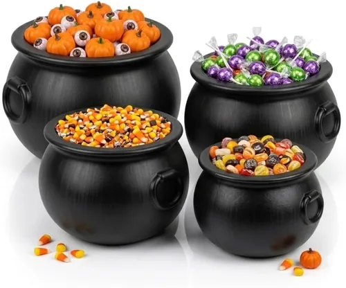 Vista 6 de PMU 2 piezas de caldero de Halloween – 10 pulgadas, 8 pulgadas, cuenco de caldero de plástico de bruja negro, para decoración de Halloween
