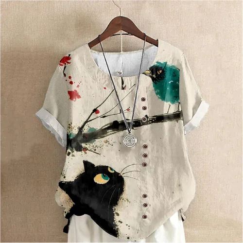 Vista 2 de domirica Flower Bird Printed Loose Boho Shirts Women Plus Size Summer Crew Neck Short Sleeve Blouses Gato pájaro