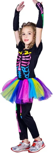 Vista 3 de disfraces de Halloween esqueleto de niña, S, Multicolor