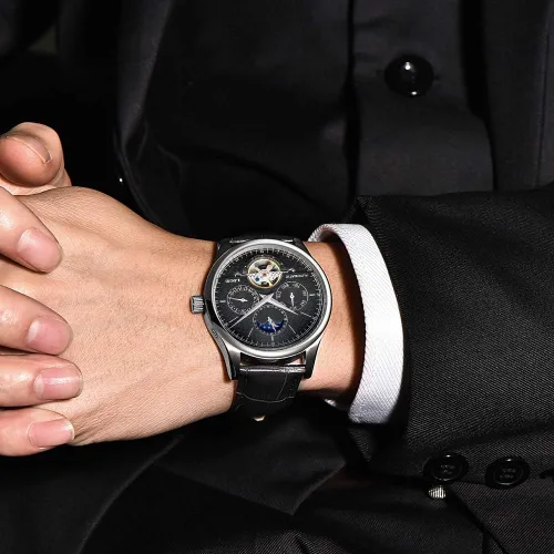 Vista 5 de LIGE Relojes mecánicos de lujo para hombre, reloj de pulsera automático de cuero blanco dorado