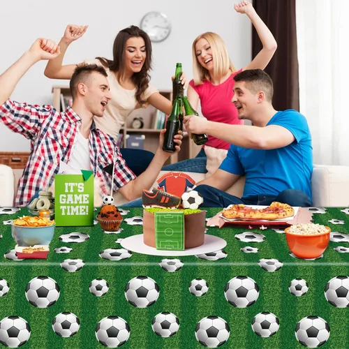 Vista 2 de Paquete de 4 manteles para fiesta de fútbol, manteles deportivos rectangulares de plástico, fundas de mesa para fiestas temáticas deportivas