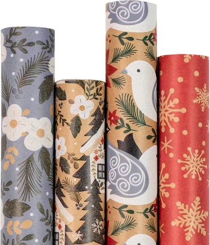 Vista 11 de RUSPEPA Papel de regalo de Navidad, papel kraft – reno, rayas y copos de nieve en diseño azul – 4 rollos – 30 pulgadas x 10 pies por rollo