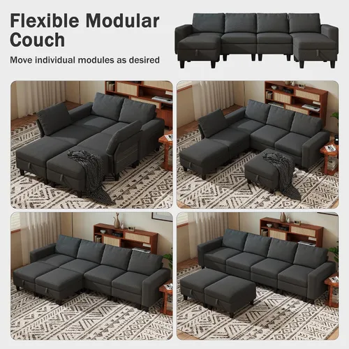 Vista 3 de Sofá modular seccional, sofá modular de 110 pulgadas con almacenamiento y respaldo ajustable, sofás seccionales convertibles de 6 asientos para sala