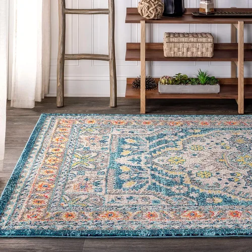 Vista 3 de JONATHAN Y Alfombra bohemia para interiores, color azul y amarillo, 3 x 5, medallón bohemio elegante, floral, fácil de limpiar, alto tráfico