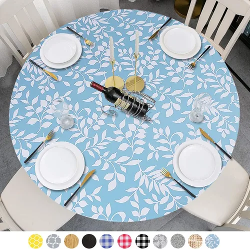Vista 13 de Mantel redondo de vinilo de plástico ajustable con parte trasera de franela y borde elástico, protector de mesa impermeable para mesa de comedor