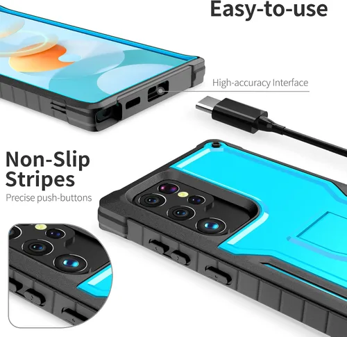 Vista 2 de ExoGuard Funda para Samsung Galaxy S22 Ultra, funda de goma resistente a prueba de golpes con soporte incorporado (azul)