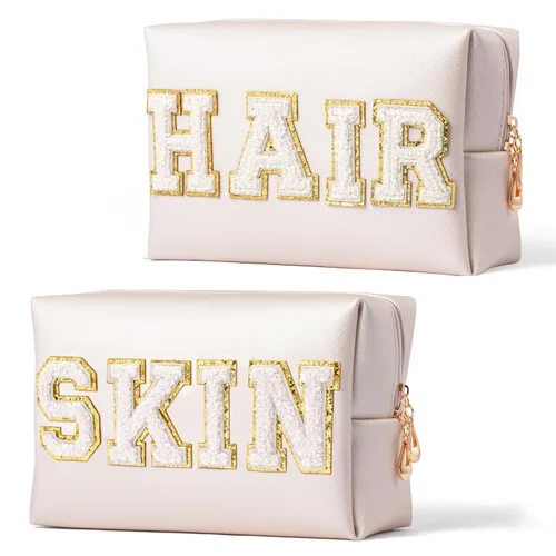 Vista 10 de Y1tvei Preppy Patch SKIN Letra Blanca Rosa Bolsa de Aseo para Cosméticos de Piel Sintética Bolsa de Maquillaje Portátil Bolsa de Almacenamiento