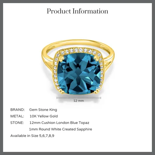 Vista 4 de Gem Stone King Anillo de compromiso de oro amarillo macizo de 10 quilates con topacio azul Londres y zafiro blanco creado para mujer