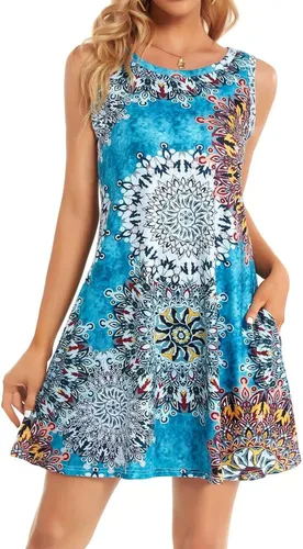 Vista 2 de elescat - Vestidos de verano para mujer, estilo informal, sin mangas, estampado floral, holgado, con bolsillo