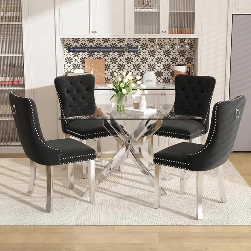 Vista 11 de Juego de mesa de comedor de 51 pulgadas de vidrio para 4, mesa de cocina rectangular de vidrio con 4 sillas tapizadas con acentos de terciopelo