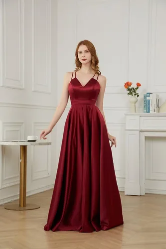 Vista 2 de Molisa Vestidos de fiesta de satén con cuello en V para mujer, con tirantes delgados, vestidos formales de fiesta de noche con bolsillos