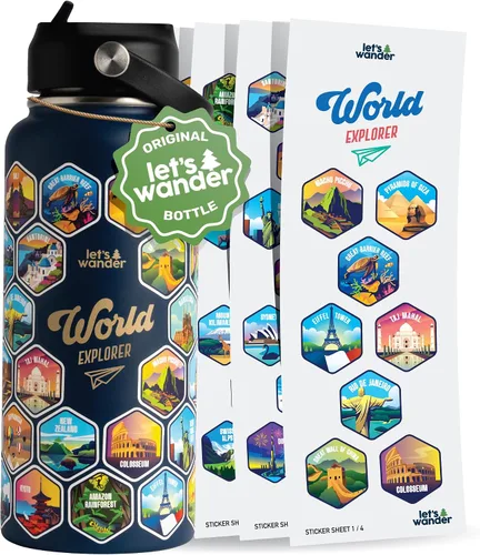 Vista 9 de LET'S WANDER - Botella de agua para aventureros del mundo con 50 pegatinas impermeables - 32 onzas, botella de acero inoxidable aislada y a prueba