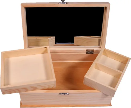 Vista 3 de Creative Hobbies Joyero de madera sin terminar con espejo y compartimentos extraíbles, organizador de joyas de madera listo para pintar, teñir