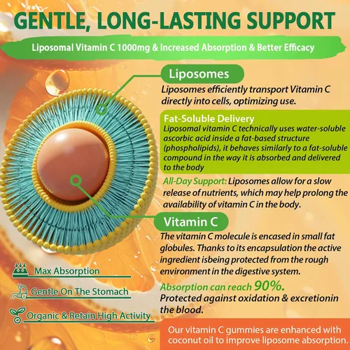 Vista 4 de Gomitas liposomales de vitamina C de 1000 mg para adultos – Vitamina C masticable 1500 mg con 8 mg de hierro, zinc y saúco – Apoyo inmunológico