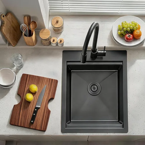 Vista 3 de Fregadero de Barra Negro de Montaje Inferior, Fregadero de Cocina de Acero Inoxidable de 15x20 Pulgadas, Estación de Trabajo de Montaje Superior