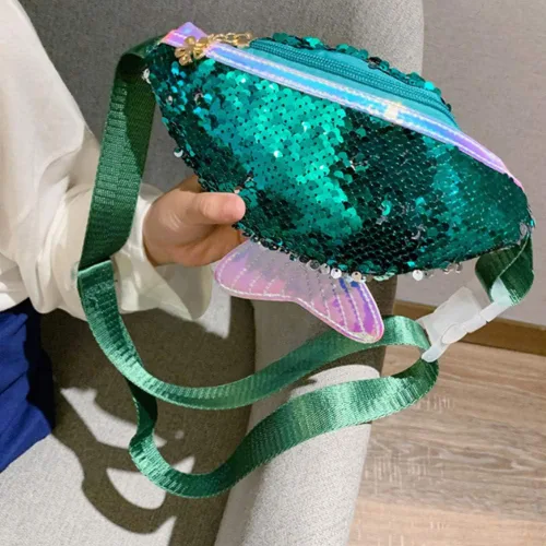 Vista 6 de JUMISEE Riñonera de lentejuelas brillantes para niños y niñas, bolsa de cintura holográfica con purpurina y cola de sirena, bolso cruzado, Verde