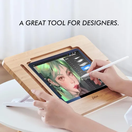 Vista 7 de Soporte ajustable para tablet con ranura para lápiz y cable de cargador, soporte de madera de bambú con múltiples ángulos, organizador de escritorio