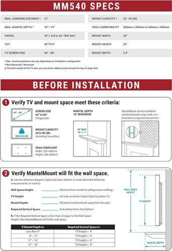 Vista 5 de MantelMount MM540 soporte desplegable para televisores de 44 a 80 pulgadas para colocar encima de la repisa de la chimenea