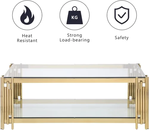 Vista 6 de Mesa auxiliar, mesa auxiliar moderna, parte superior de cristal, mesa de centro doble de acero inoxidable dorado para sala de estar