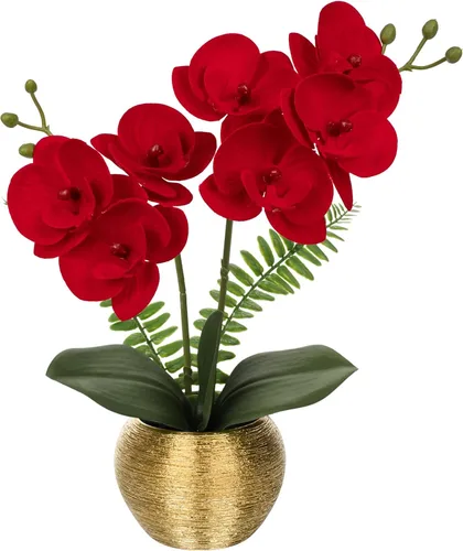 Vista 9 de Briful Pequeñas flores artificiales de orquídeas artificiales de 13 pulgadas en maceta de cerámica plateada, arreglo de orquídeas artificiales