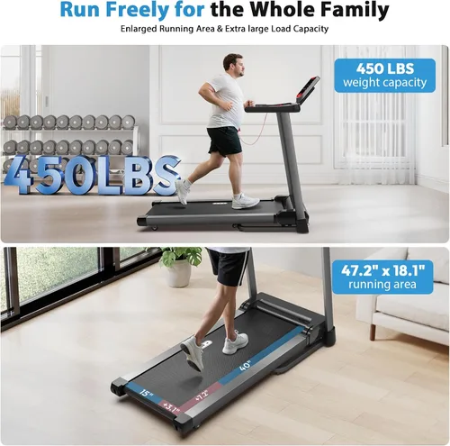 Vista 2 de CIIHI Treadmill with Auto Incline - 450 LBS Capacity Treadmill for Home Gym 15% Auto Incline, 47.2"x18.1" Belt, 0.5-10 MPH, Soft Drop Folding