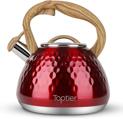 Vista 9 de Tetera, Tetera Silbadora Toptier con Mango de Patrón de Madera Silbato Fuerte, Tetera de Acero Inoxidable Grado Alimenticio para Estufas de Negro