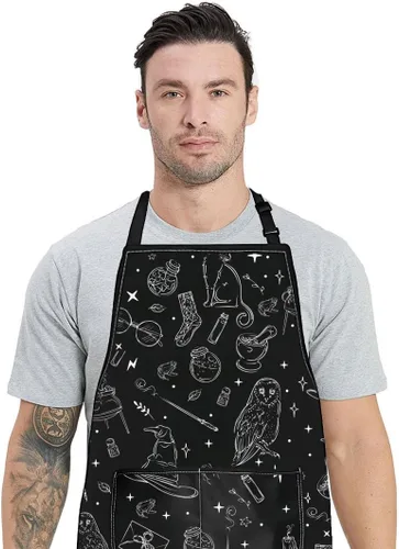 Vista 7 de WZMPA Delantal de cocina de mago mágico con bolsillos, regalo de bruja espeluznante, delantal ajustable gótico mágico para cocinar, hornear a
