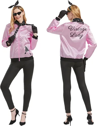 Vista 3 de Chaqueta rosa de los años 50 para mujer, disfraz de grasa para mujeres y niñas, disfraces de los años 50 para mujeres, disfraz de caniche