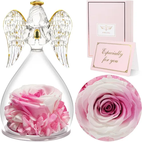 Vista 23 de Sunia Regalos para mamá, regalos de cumpleaños para mujeres, rosas reales preservadas en figura de ángel de cristal, flores eternas para la entrega