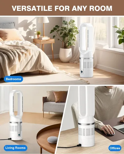 Vista 7 de PYY Combo de calentador y ventilador: ventilador de torre sin aspas y calentador con filtro, con 8 velocidades, control remoto/táctil, uso durante
