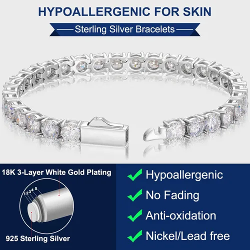 Vista 3 de Moissanite Tennis Bracelet, 2.25-21 Carat Lab Created Diamond Bracelets for Women Men, 18k WhiteYellow Gold Plated 925 Sterling Silver Bracelet
